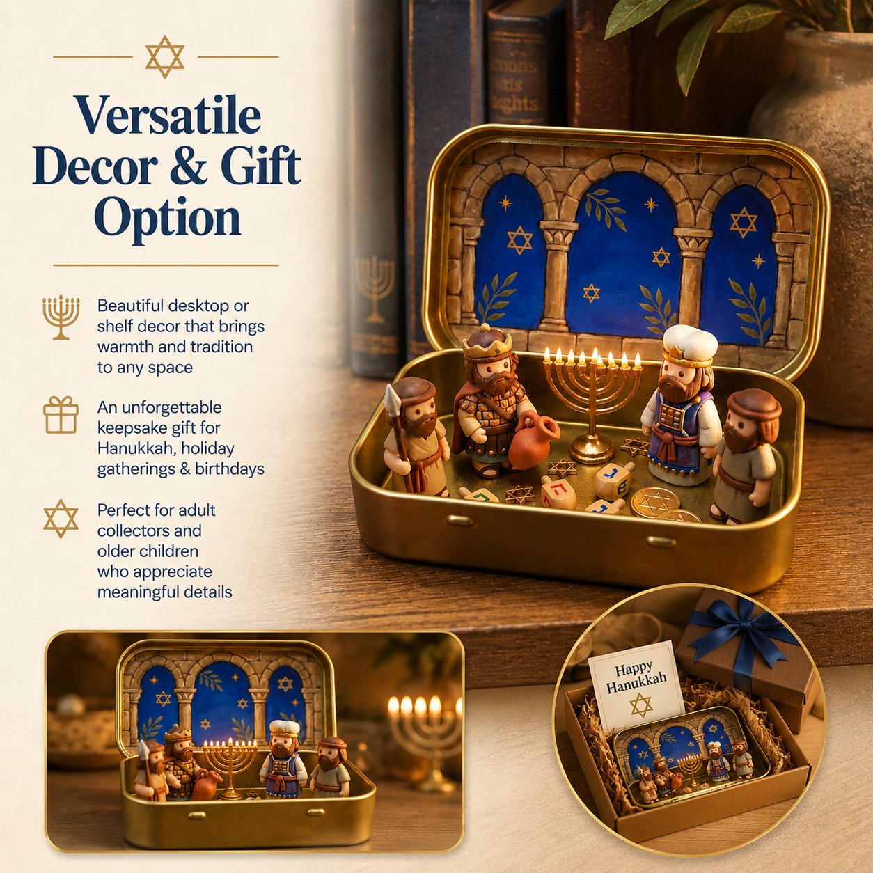 Council by Candlelight - A Miniature Hanukkah Menorah Diorama in a Golden Keepsake Tin