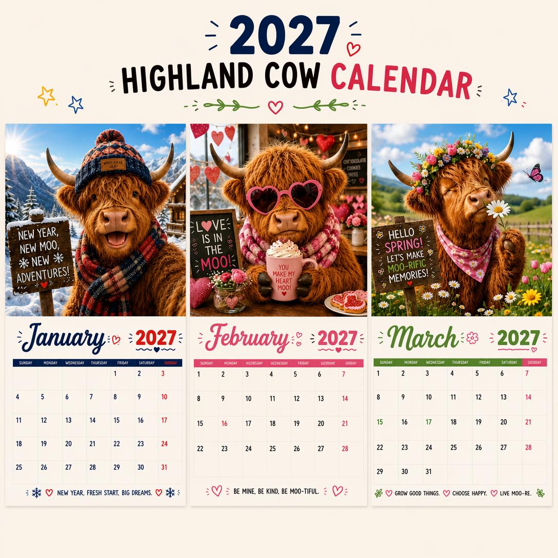 2027 Funny Highland Cows Wall Calendar | A4 Hanging Calendar