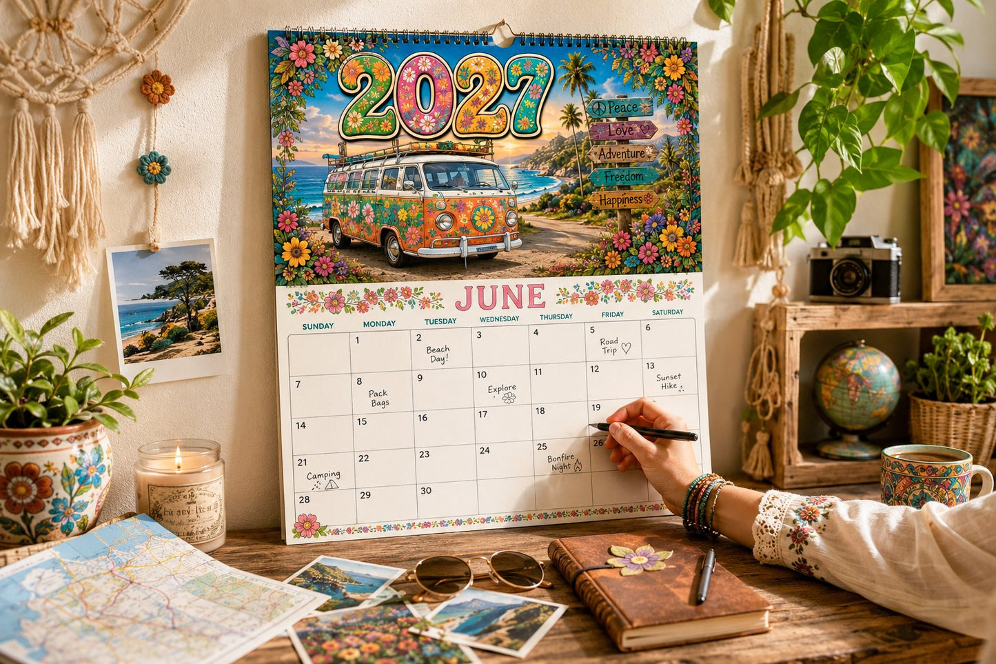 🌼2027 Hippie Boho Wall Calendar – Retro Road Trip Calendar