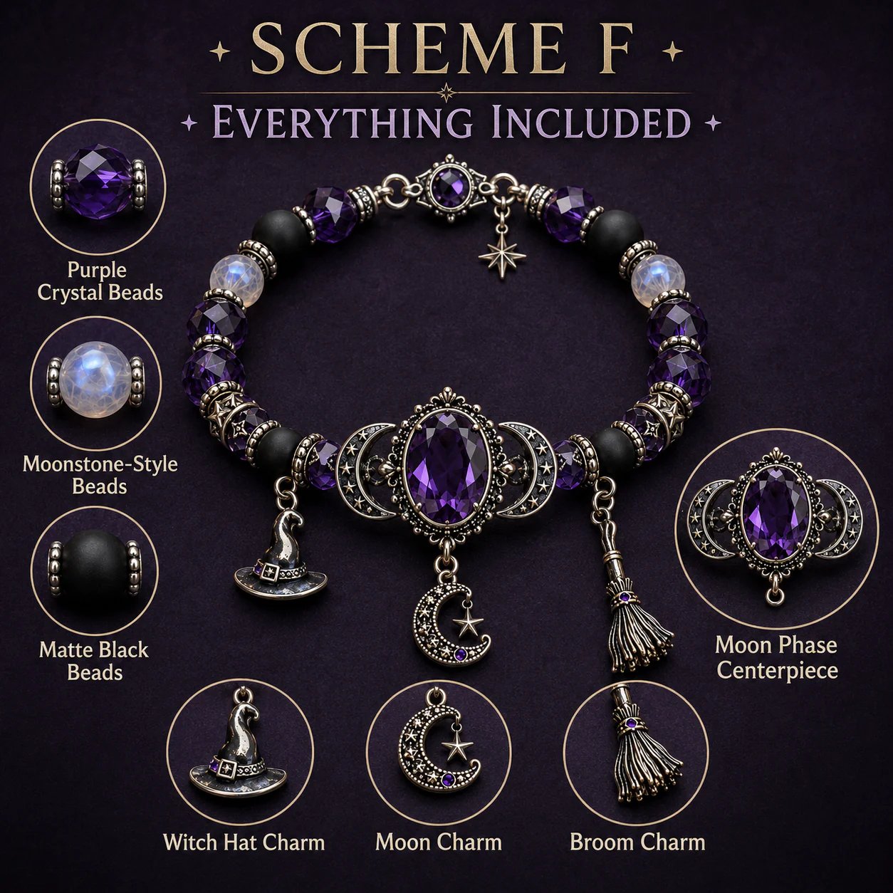 🔮 Witch’s Crystal Moon Charm Bracelet