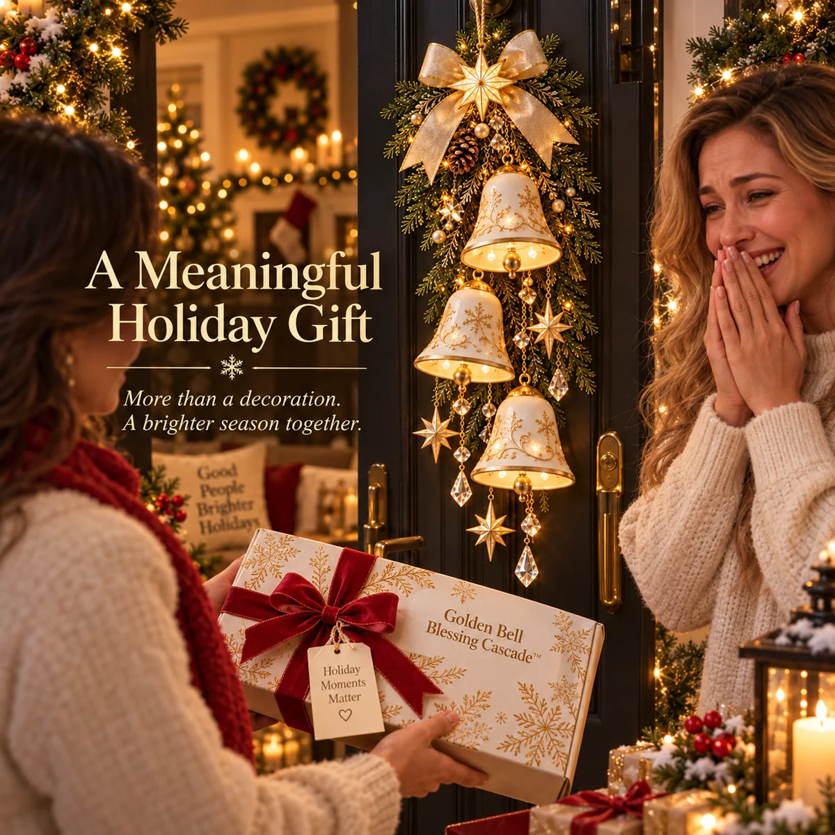🔔✨last Day 49% Off✨✨ Golden Bell Blessing Cascade™ – Lighted Christmas Door Decor