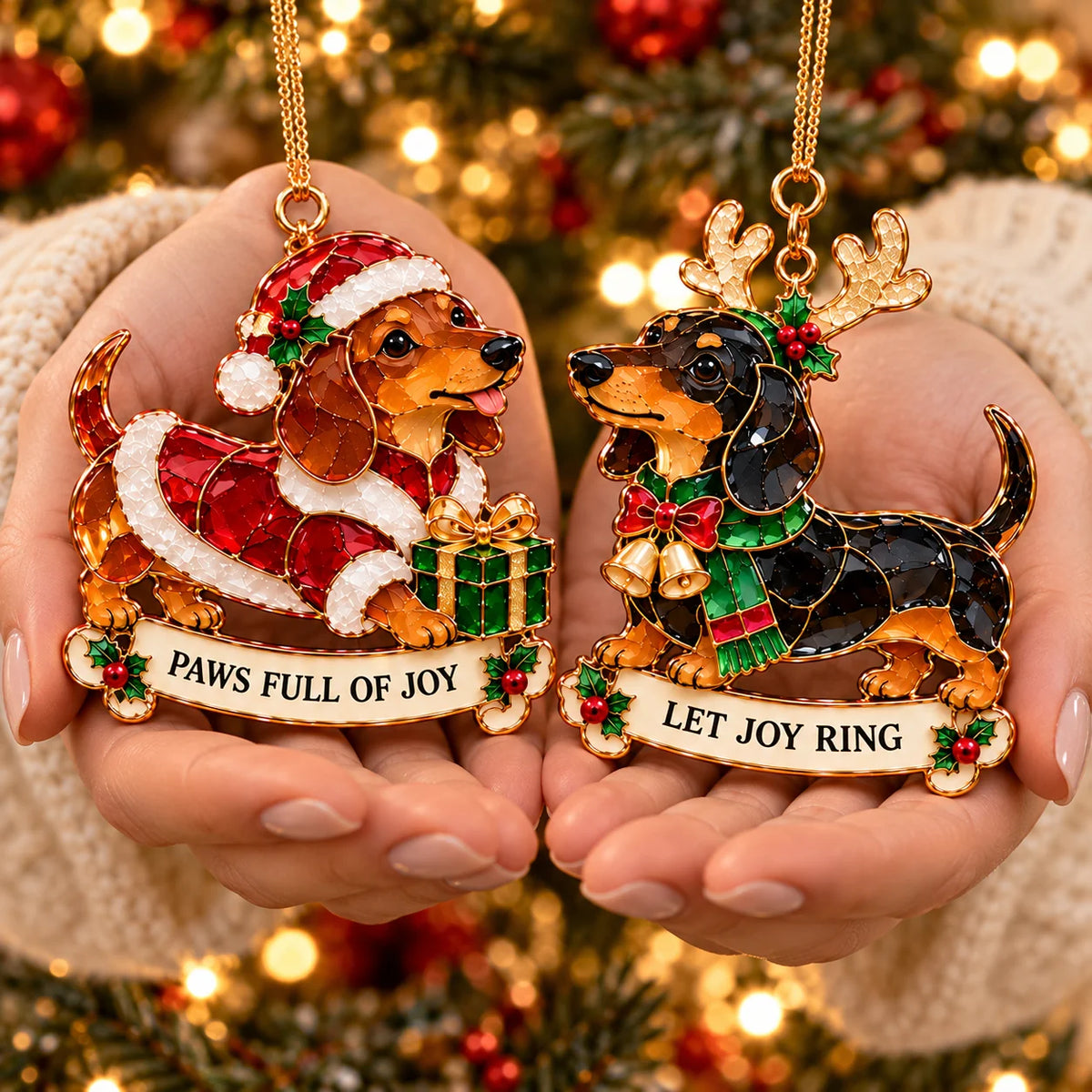 πΎπ Dachshund Christmas Ornaments Set Of 6 - Stained Glass Style