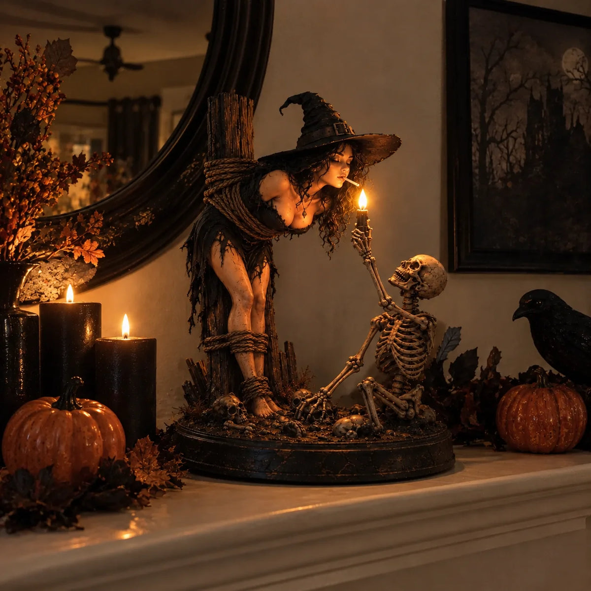 π§ Witch & Skeleton Candle Scene Figurine β Dark Gothic Halloween Tabletop Decor