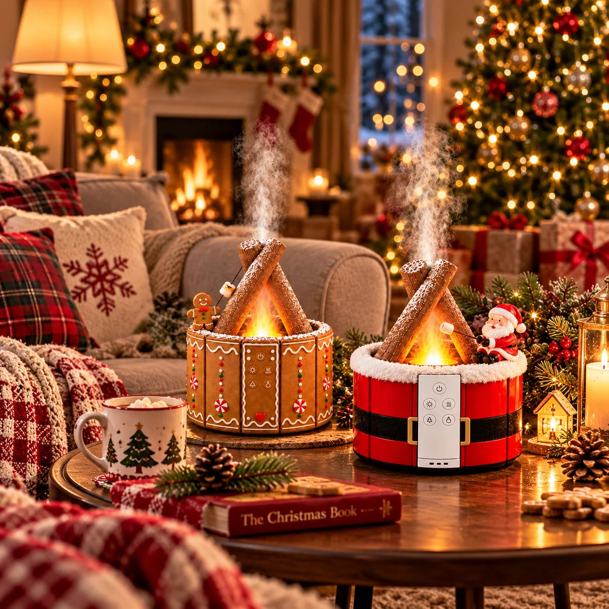🎄 Christmas Campfire Aroma Diffuser – Cozy Flame-style Glow, Festive Mist & Adorable Santa/gingerbread Designs