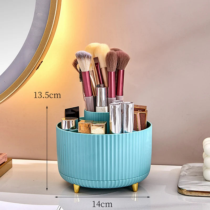 🔄 360° Rotating Desk Organiser: 5 Compartments, Pen & Makeup Storage, Gold Accent