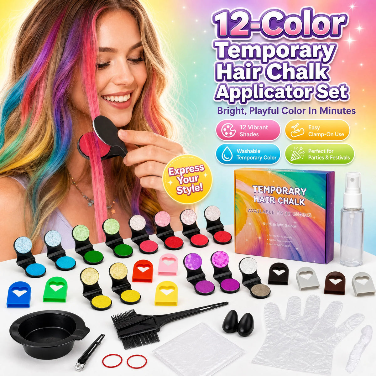 🎁⏳Time-Limited Special⏰12-Color Temporary Hair Chalk Applicator Set🎁-Ready for Christmas!🎅
