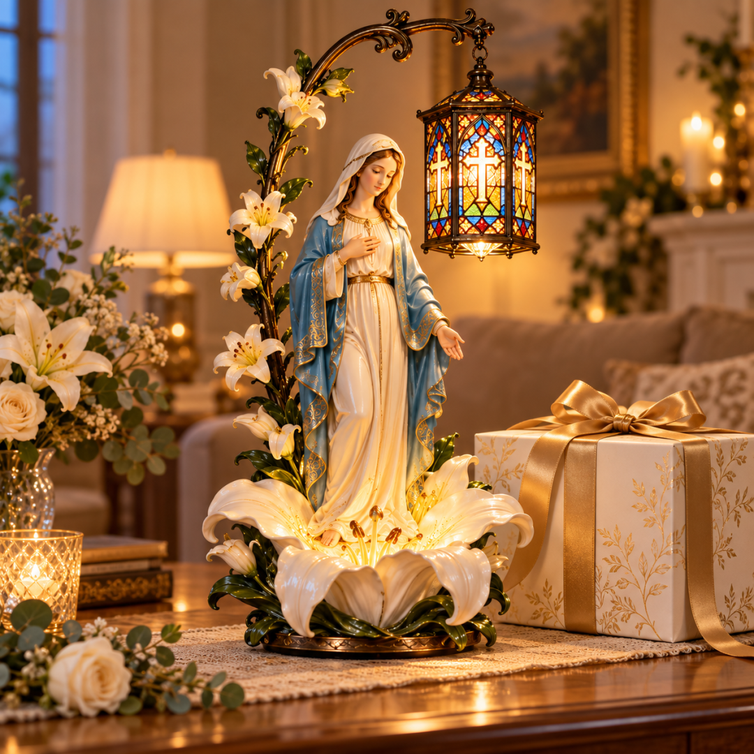 Our Lady of Grace Illuminated Statue – Virgin Mary Stained Glass Lantern Decor