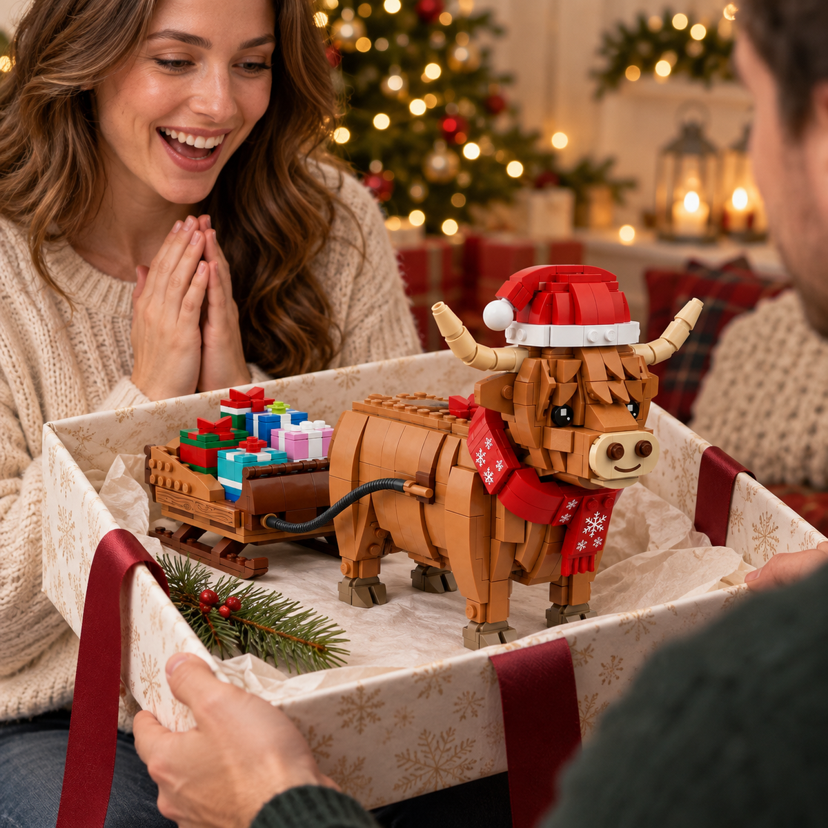 Christmas Highland Cow Gift Sleigh Building Block Set