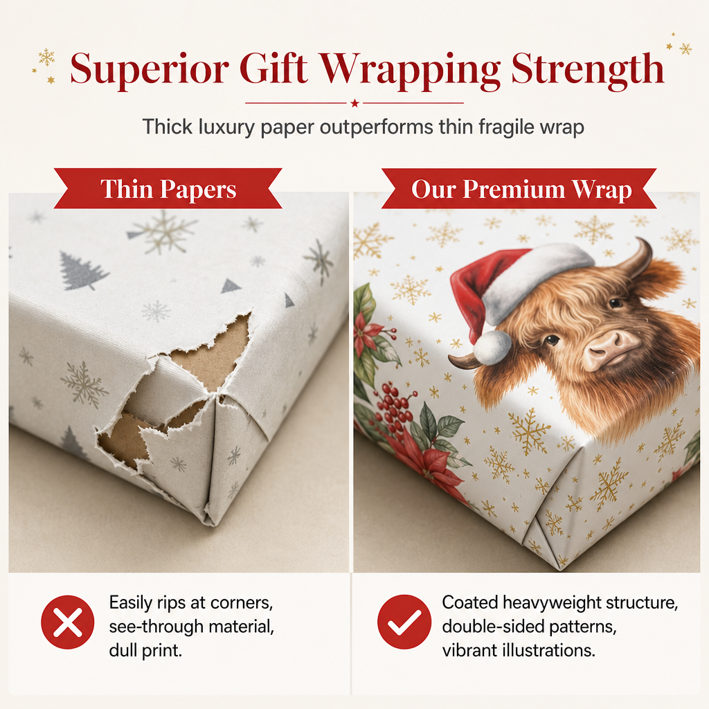 Christmas Highland Cow and Floral Gift Wrapping Paper Roll 17*200in(43x500cm) Holiday Present Wrap