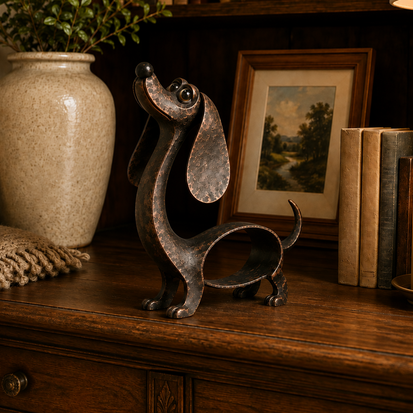 🐶 Antique Bronze Dachshund Sculpture | Vintage Home Garden Ornament