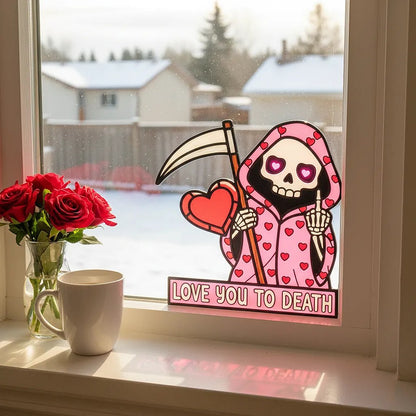 "Love You To Death" Grim Reaper Window Corner Suncatcher | Pastel Goth Valentine's Decor
