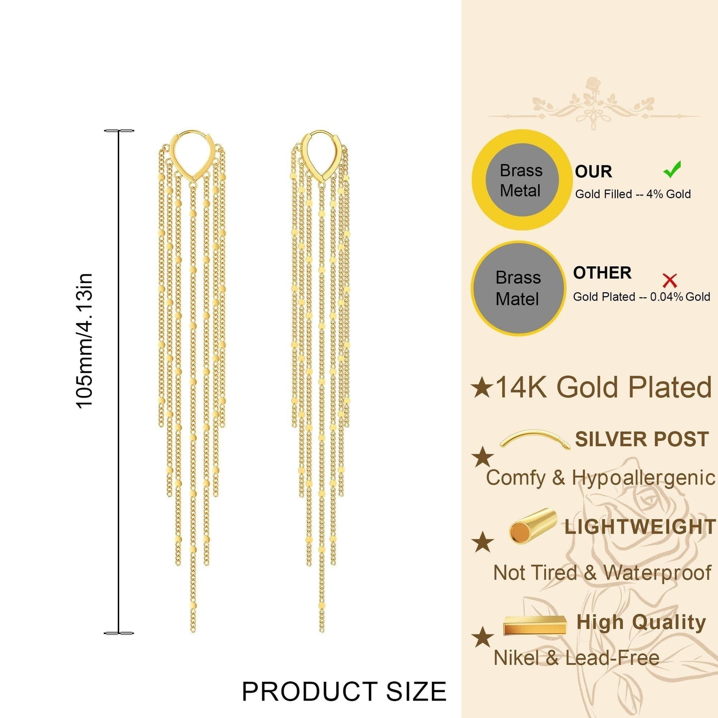 14K Gold Plated Long Tassel Threader Earrings for Women
