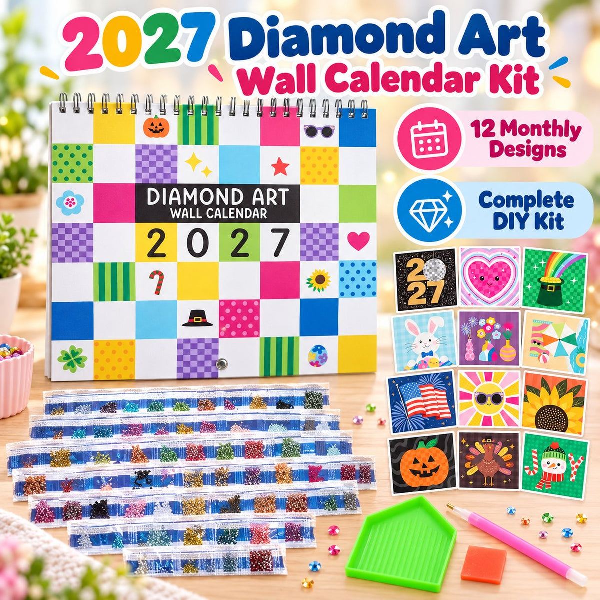⏳ Last Day 48% OFF – 💎 2027 Diamond Art Wall Calendar Kit | 12 Monthly Designs + Complete Gem Tools ✨