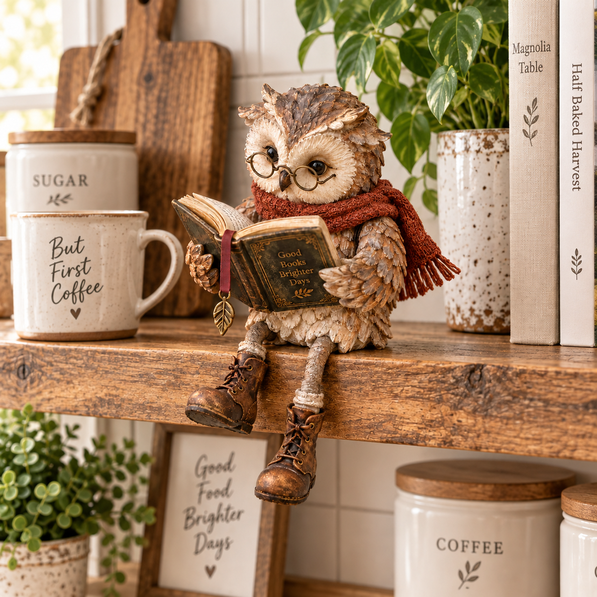 Reading owl figurine sitting on a bookshelf