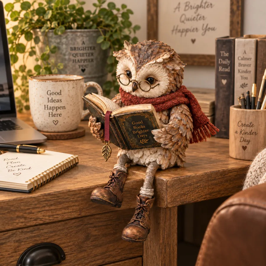 Reading owl figurine displayed beside books and coffee