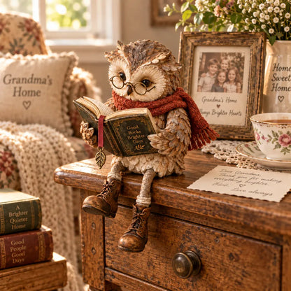 🦉 Reading Owl Figurine – Whimsical Bookish Shelf Sitter With Glasses & Dangling Boots