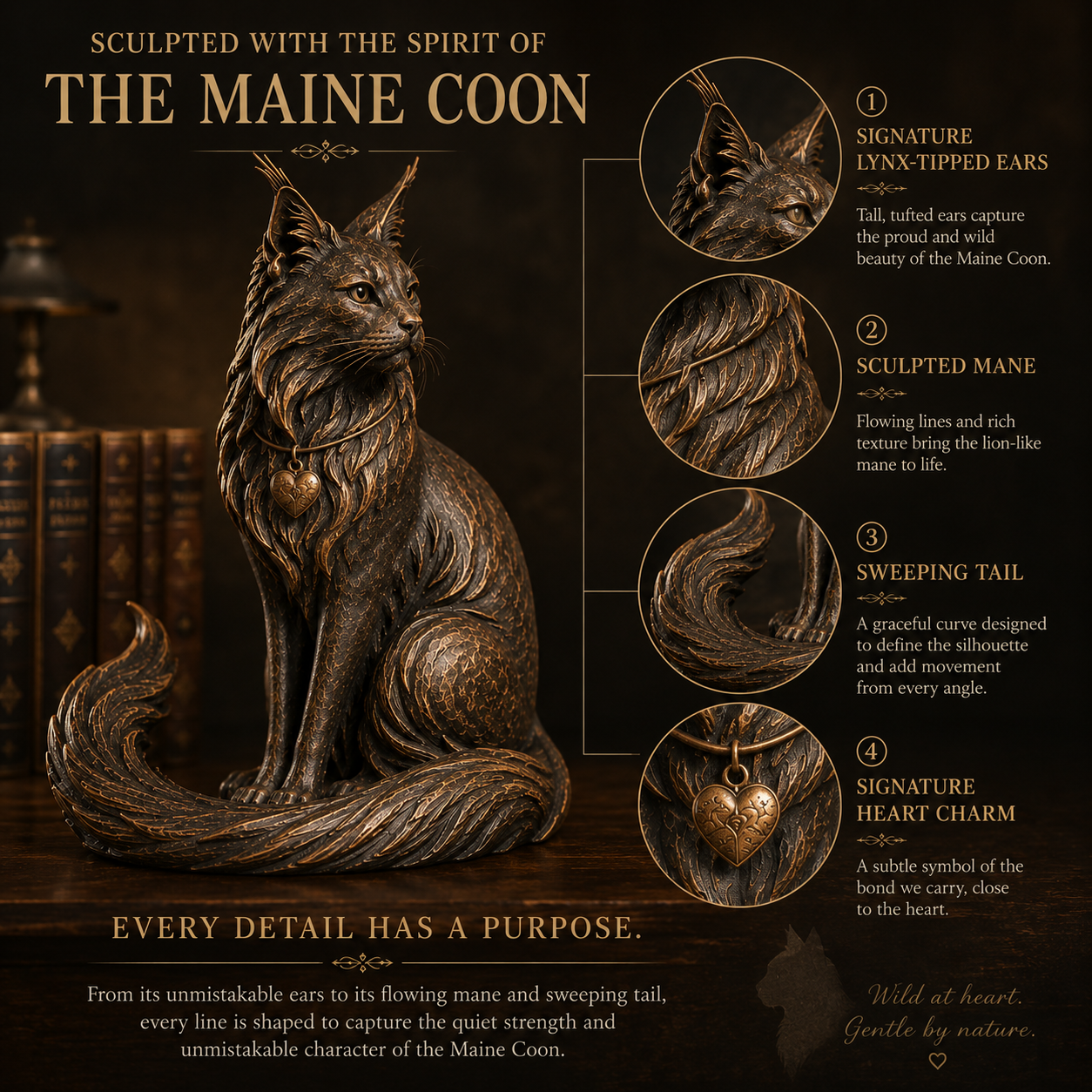 The Quiet Guardian Maine Coon Sculpture – Vintage-Inspired Cat Keepsake with Heart Charm