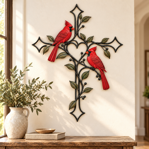 ❤️ Love Stays Close – Cardinal Heart Cross Wall Decor
