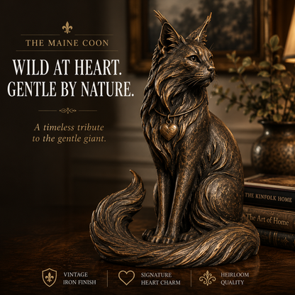 The Quiet Guardian Maine Coon Sculpture – Vintage-Inspired Cat Keepsake with Heart Charm