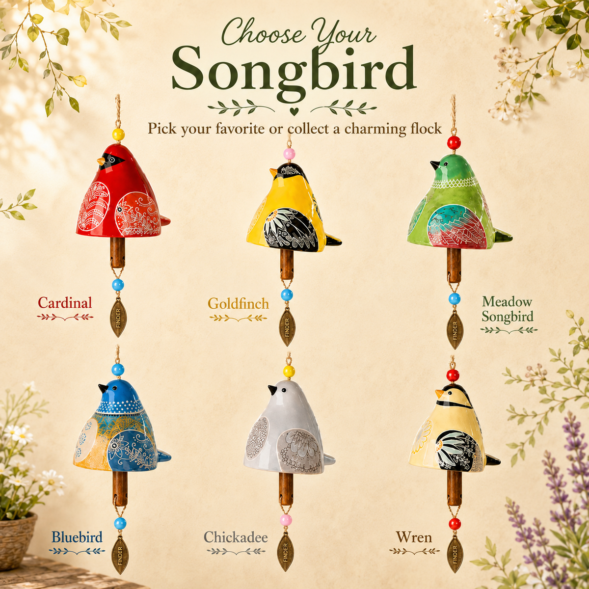 Hand-Painted Resin Bird Wind Chime
