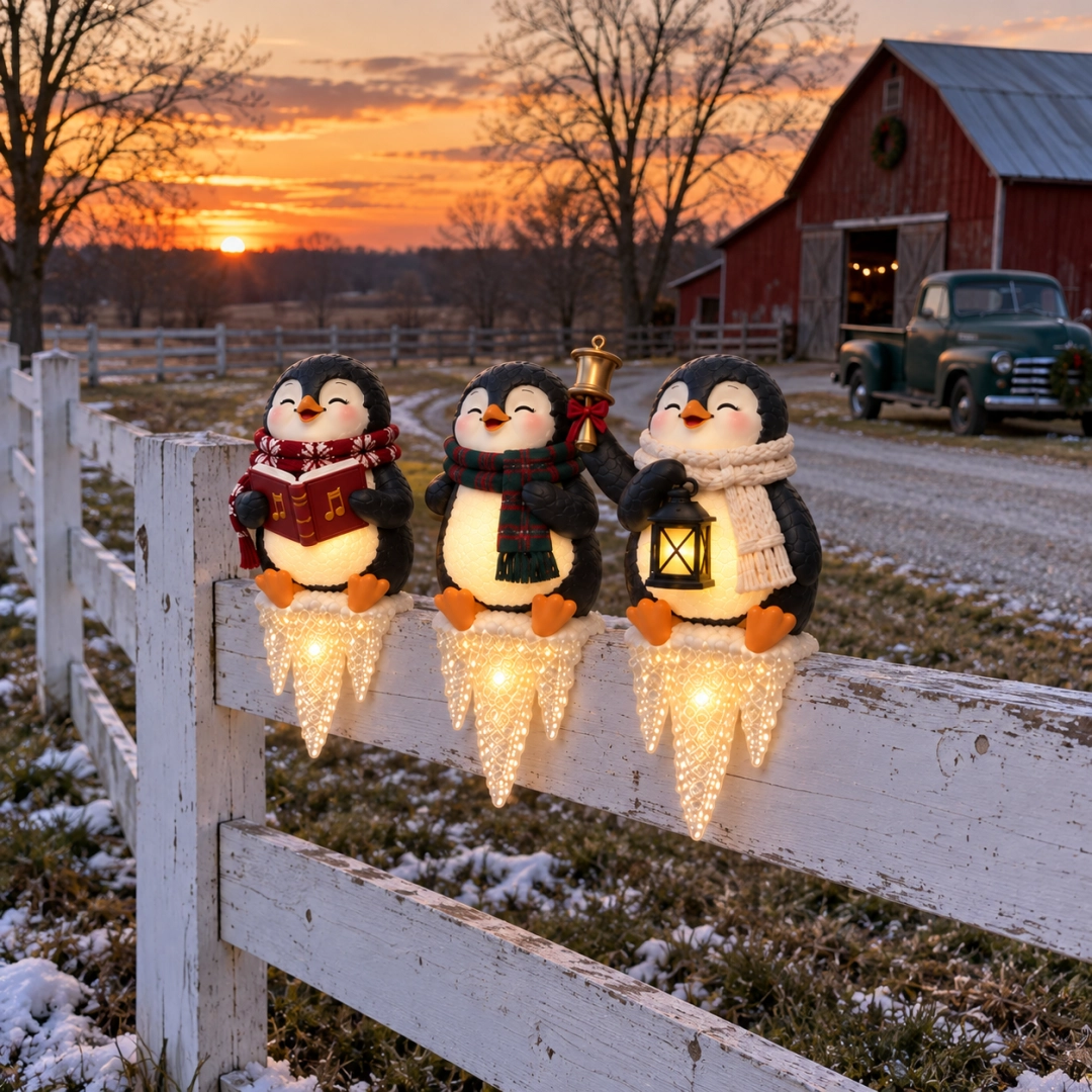 Lighted Penguin Icicle Window Ledge Set