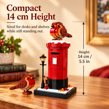 Vintage British Robin & Postbox Brick Display Set – Classic Red Mailbox Model with Robin Figures & Decorative Base