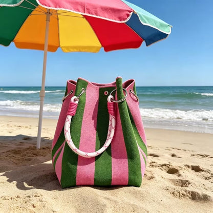 🏆👜 Limited-Time Sale: 49% OFF 🌴 Boho Striped Knit Bucket Handbag for Women – Handmade Summer Beach Shoulder Bag