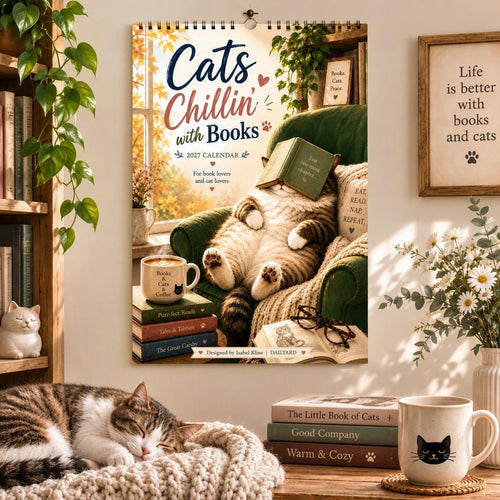 Cats Chillin' with Books™ 2027 Wall Calendar | A4 Cozy Cat & Book Lover Calendar | Designed by Isabel Kline | WEEKLYARD™