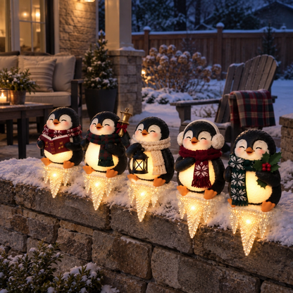 Lighted Penguin Icicle Window Ledge Set