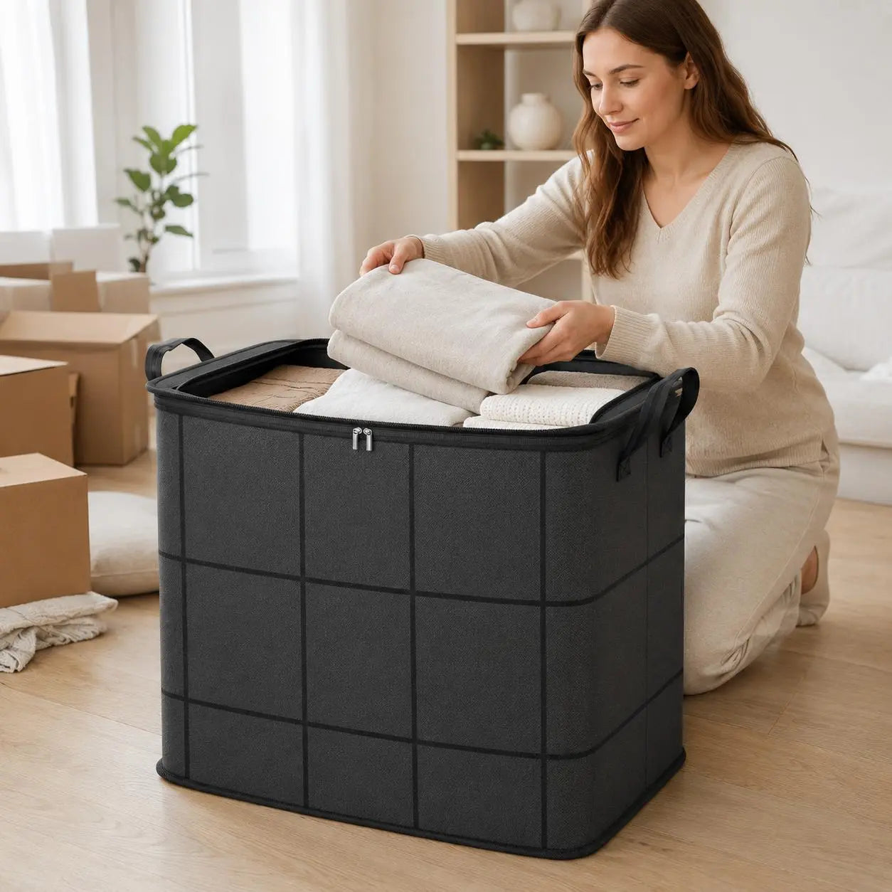 Spacious Moving Storage Bin – Large Capacity Zippered Fabric Organizer for Bedding & Clothes