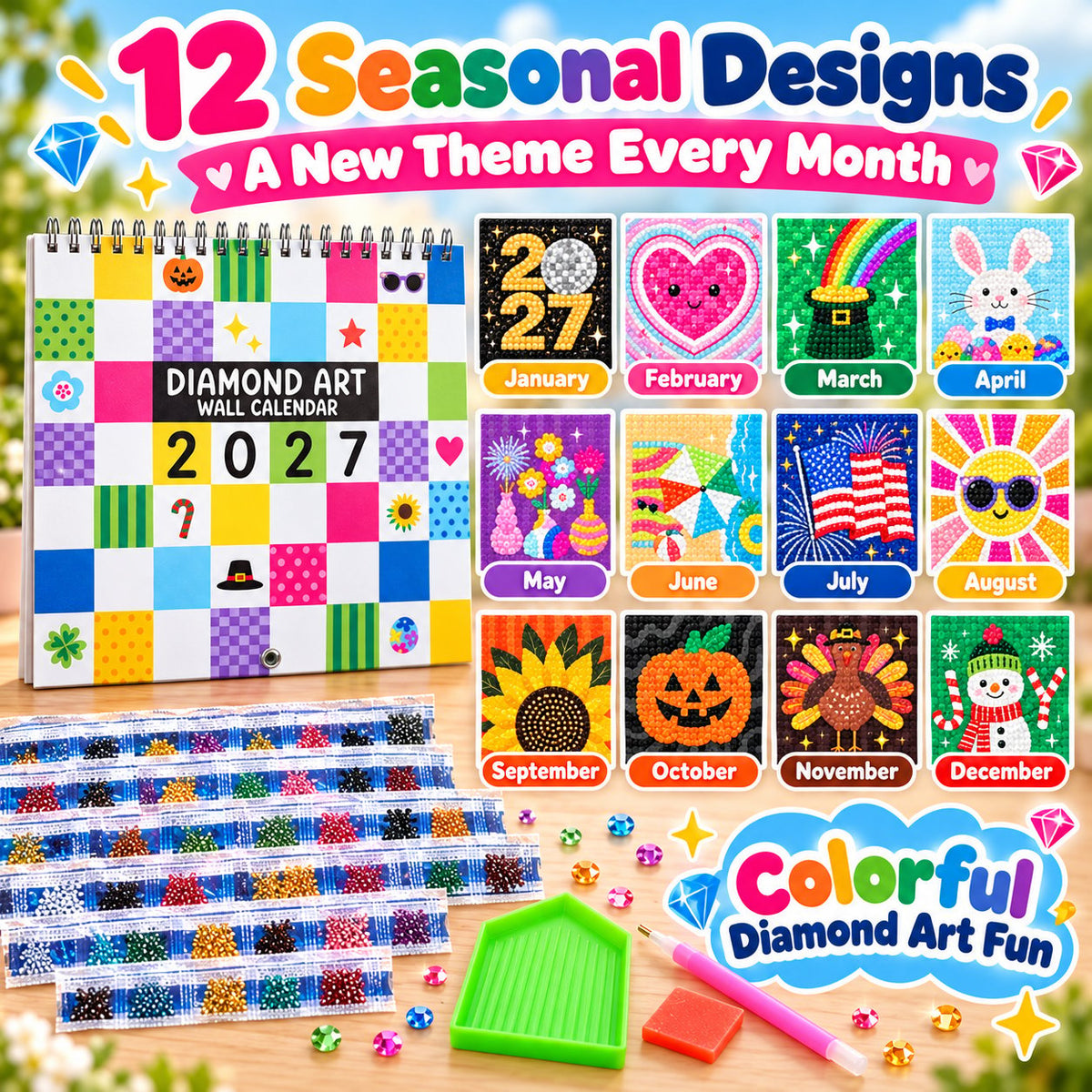 ⏳ Last Day 48% OFF – 💎 2027 Diamond Art Wall Calendar Kit | 12 Monthly Designs + Complete Gem Tools ✨