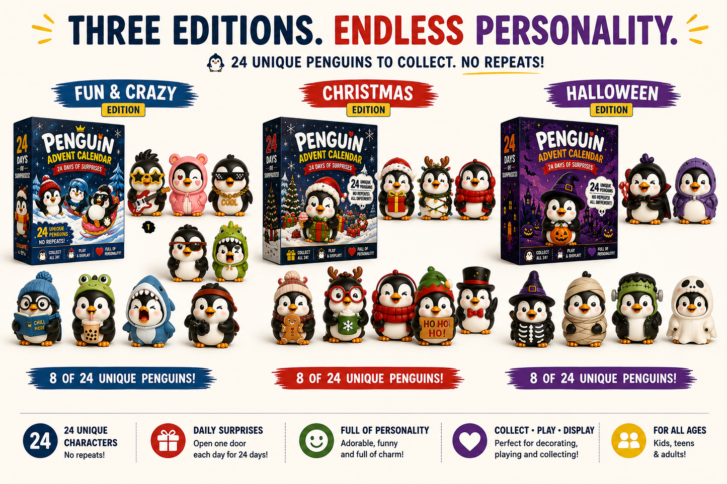 🐧 24 Days of Penguin Surprises Advent Calendar – 24 Unique Penguins, 3 Fun Editions