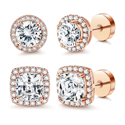 Halo Stud Earrings 4-Pack(Buy 1 get 1 free) - Gold & Silver Round/Square Styles