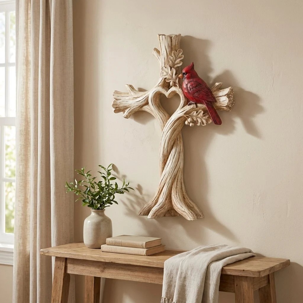 🔥🔥Cardinal Heart Tree Cross – Hand-Carved Solid Wood Decor