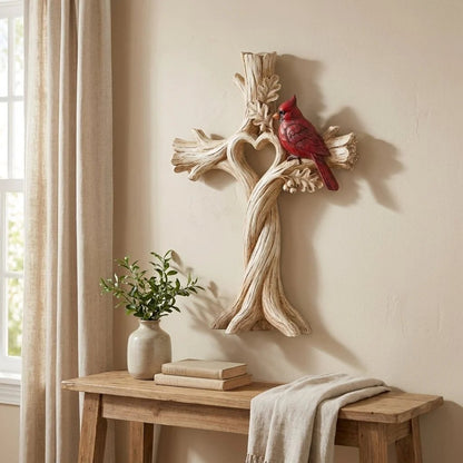 🔥🔥Cardinal Heart Tree Cross – Hand-Carved Solid Wood Decor