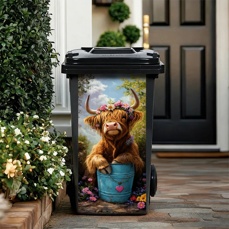 🐮 Highland Cattle Floral Print Bin Sticker