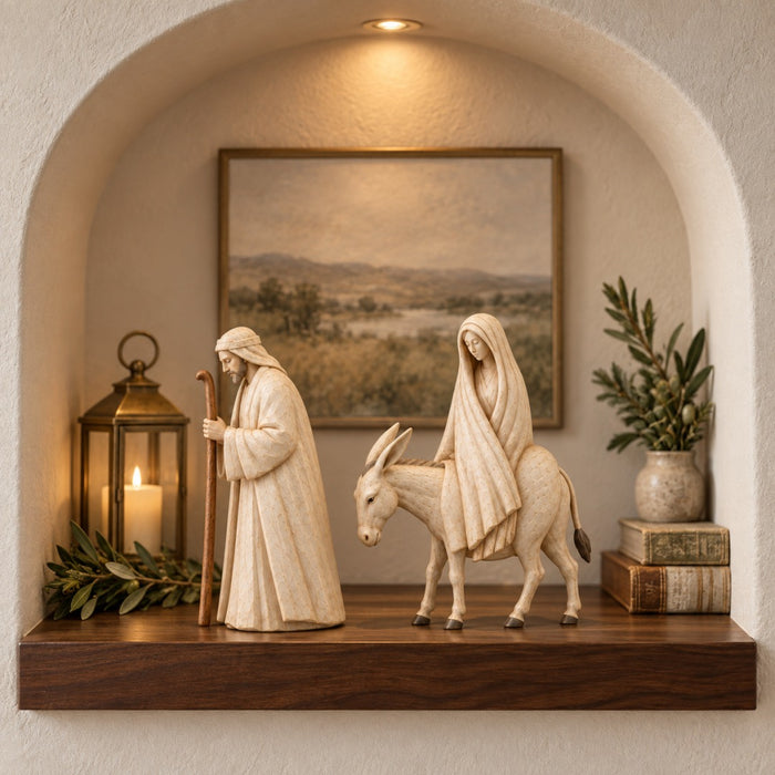 Nativity figurines displayed in decorative alcove
