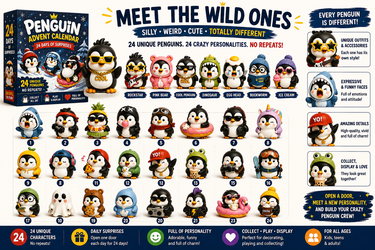 🐧 24 Days of Penguin Surprises Advent Calendar – 24 Unique Penguins, 3 Fun Editions