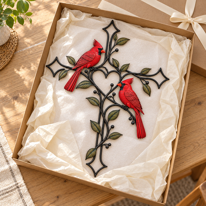 ❤️ Love Stays Close – Cardinal Heart Cross Wall Decor