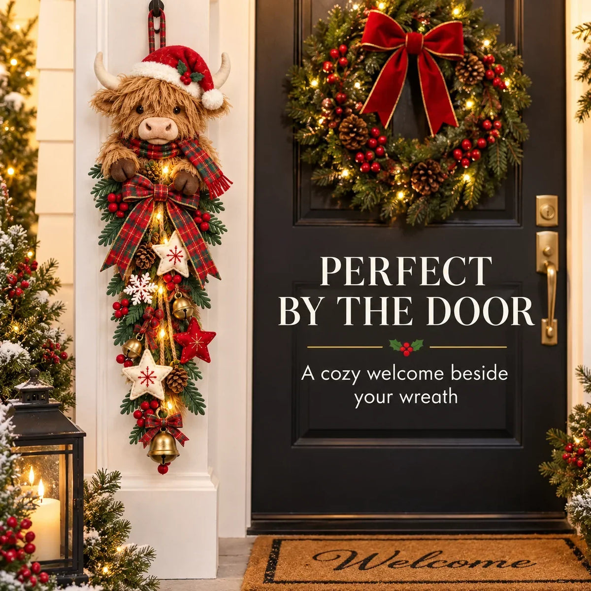 🔥Hot Sale 45% OFF -🎄 Lighted Highland Cow Christmas Door Swag