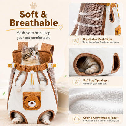 🎉Cute Bear Design Front Pet Carrier Backpack, Breathable Adjustable Hands-Free Travel Chest Bag for Cats Small Dogs Walking Shopping Vet Visits