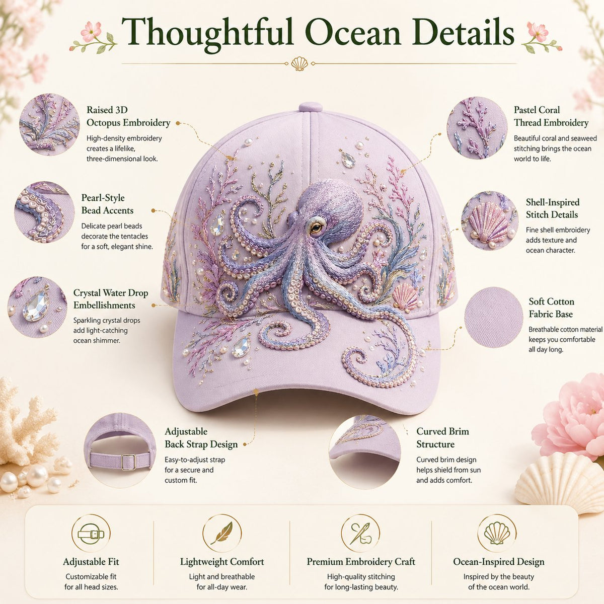 🌊 3D Ocean Creatures Printing Cap | Pearl & Crystal Adjustable Hat for Beach, Travel & Everyday Wear