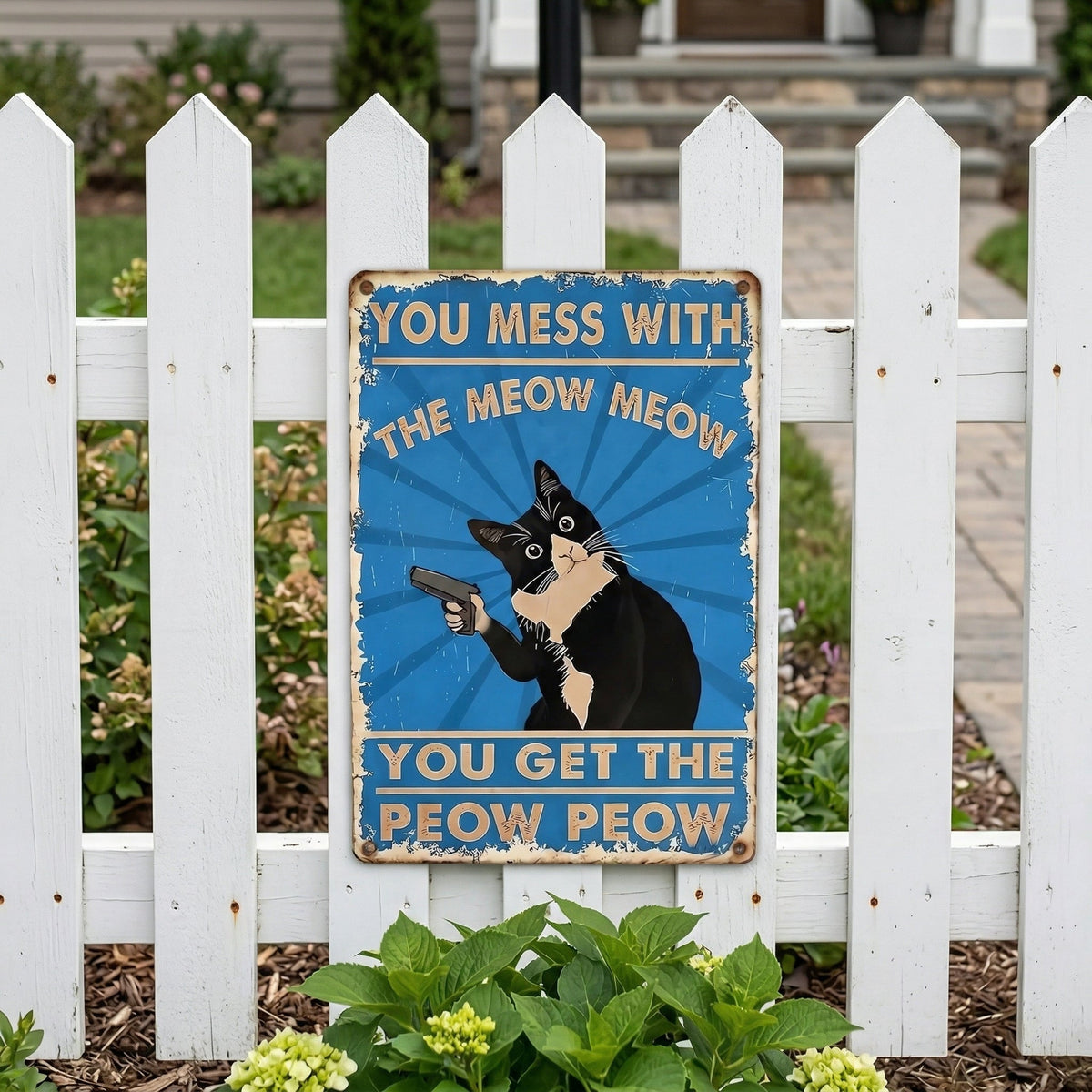 Vintage Black & White Cat Sign – Funny “You Mess With The Meow Meow, You Get The Peow Peow” Wall Decor 😂🐱