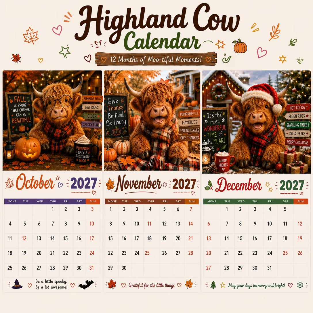 2027 Funny Highland Cows Wall Calendar | A4 Hanging Calendar