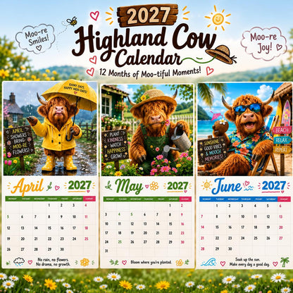 2027 Funny Highland Cows Wall Calendar | A4 Hanging Calendar