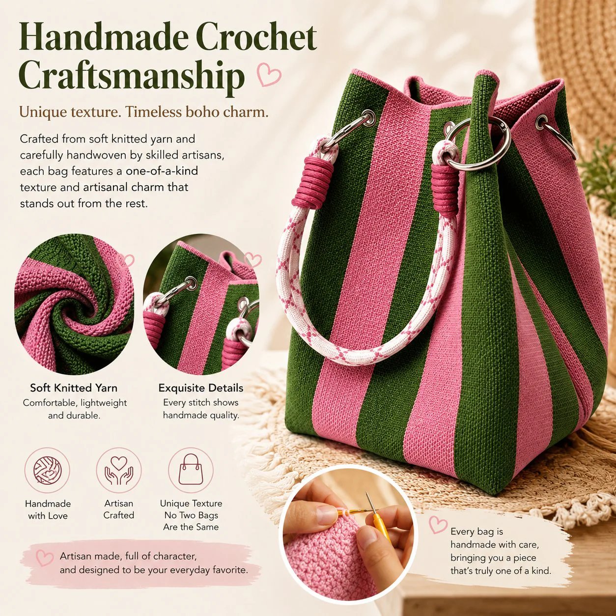 🏆👜 Limited-Time Sale: 49% OFF 🌴 Boho Striped Knit Bucket Handbag for Women – Handmade Summer Beach Shoulder Bag