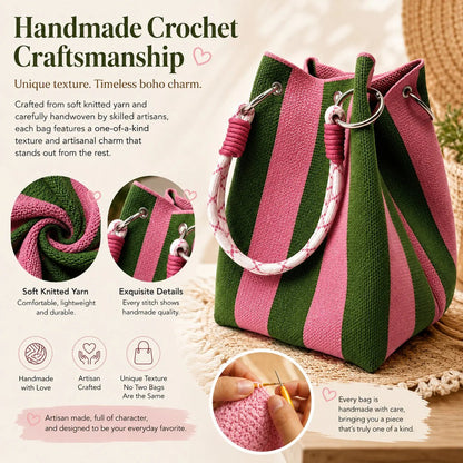 🏆👜 Limited-Time Sale: 49% OFF 🌴 Boho Striped Knit Bucket Handbag for Women – Handmade Summer Beach Shoulder Bag