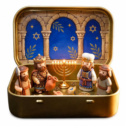 Council by Candlelight - A Miniature Hanukkah Menorah Diorama in a Golden Keepsake Tin