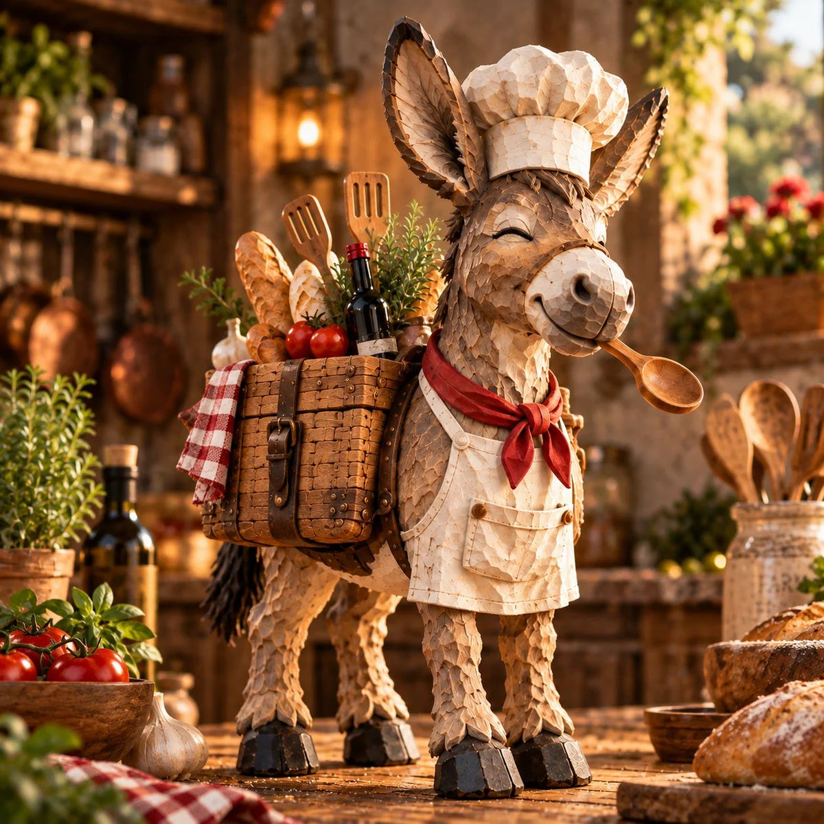 The Stubborn Little Chef — Carved Kitchen Donkey Figurine