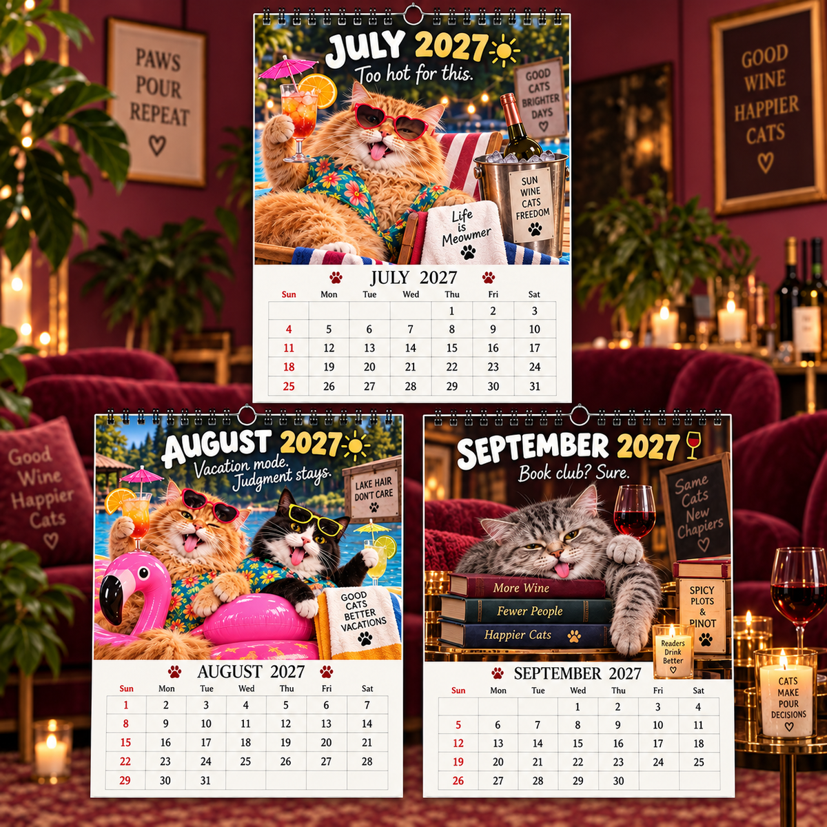 Tipsy Cats 2027 Wall Calendar - Funny Drunken Wine‑Loving Cat Monthly Wall‑Hanging Calendar, Humorous Cat Art, Sunday‑Start Spiral Calendar, Fun Gift for Cat & Wine Lovers